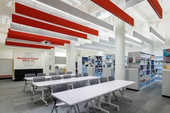AIA resource center interior with acoustic ceiling elements